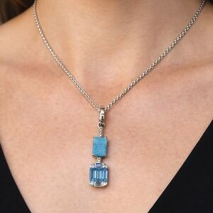 ILB Blue Druzy Baguette Crystal Pendant‎ Necklace Silver Geometric Statement